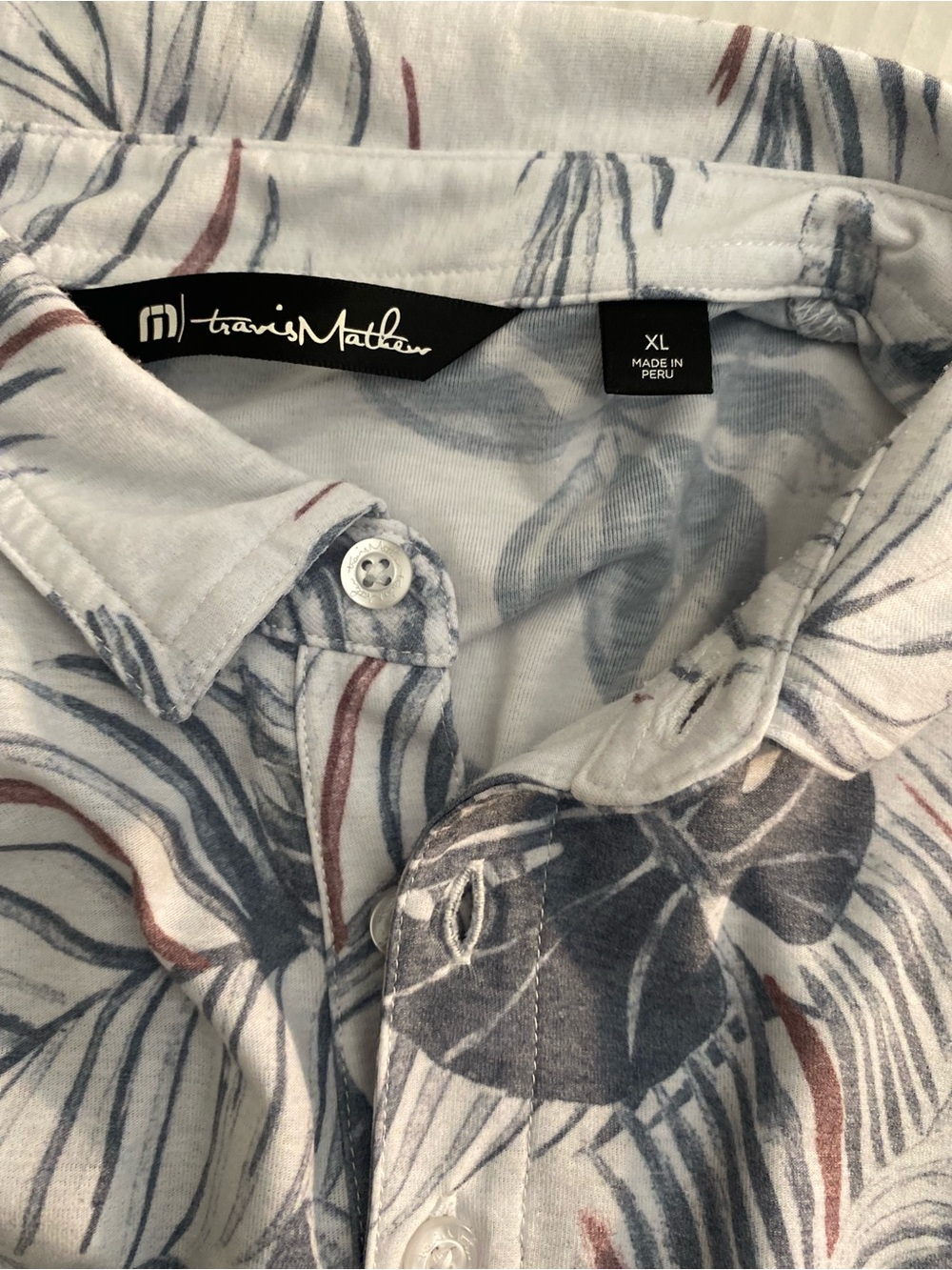 Travis Mathew White Button-Up Shirt with Blue and Brown Floral Print